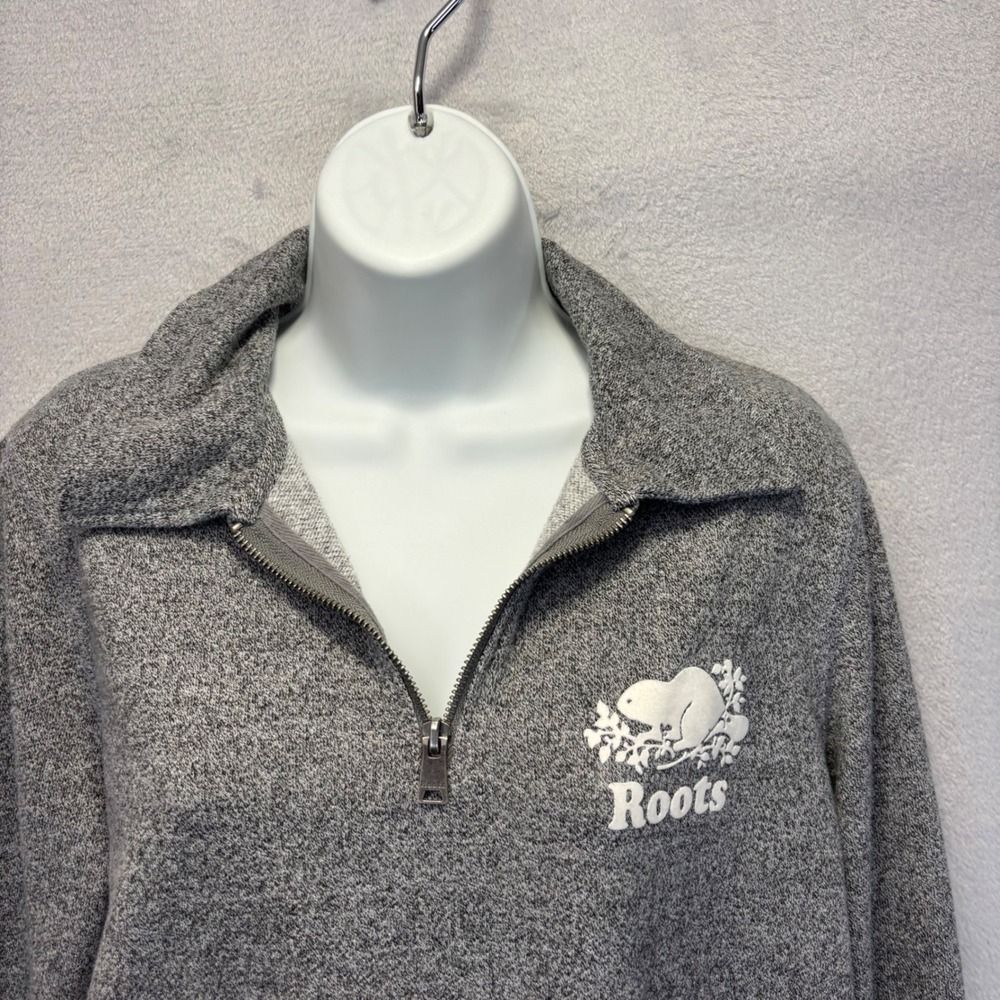 Roots 1/4 Zip Sweatshirt Womens Medium Gray Heathered Beaver Maple Leaf Casual - Picture 3 of 12